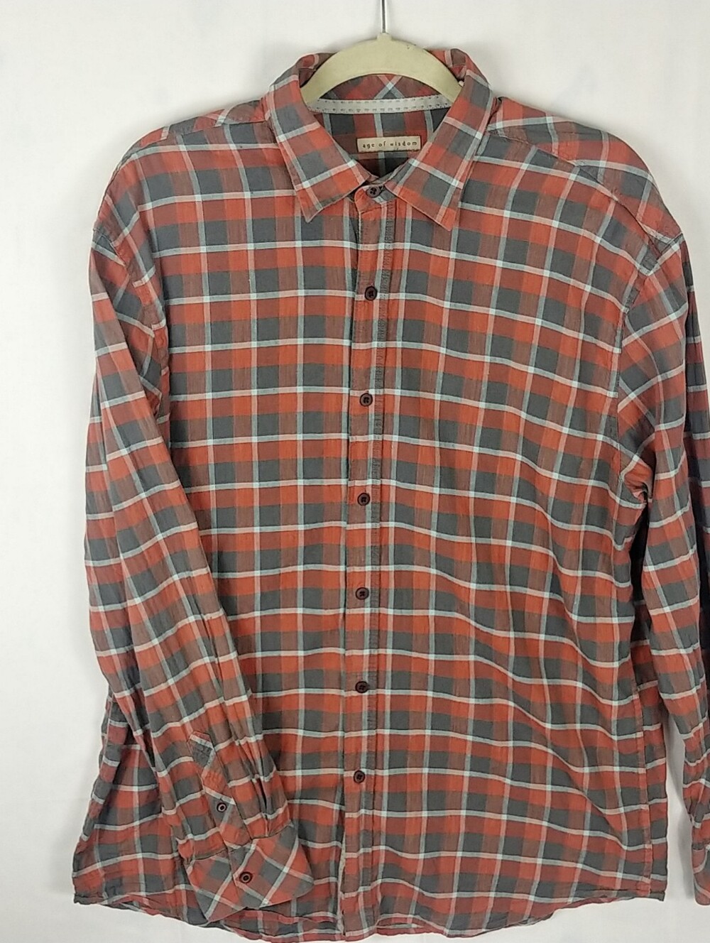 Age of Wisdom Plaid Button Down Men XXL Red Gray Classic Fit Long Sleeve Outdoor